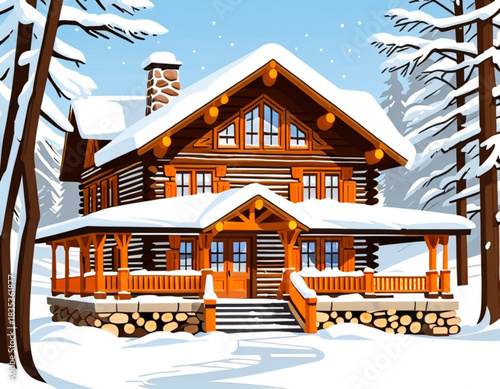 Cozy wooden cabin surrounded by snow-covered trees in winter  