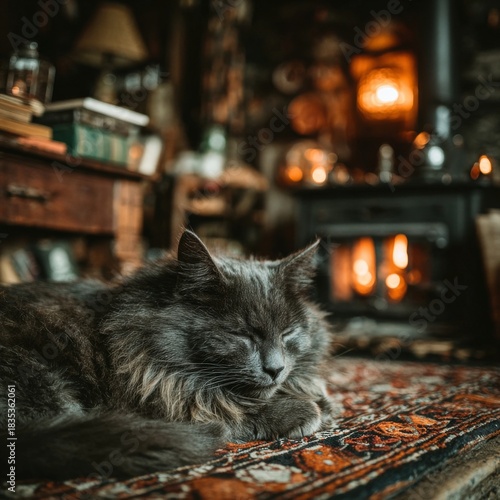 The cat is basking by the fireplace. Generative AI