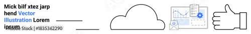 Cloud storage, data analysis, software approval, digital services, online sharing, information exchange. Diagram of analytics with a cloud and thumbs-up. Cloud storage and data analysis concept