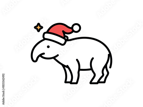 Cute christmas tapir with santa hat icon isolated on transparent background, Vector