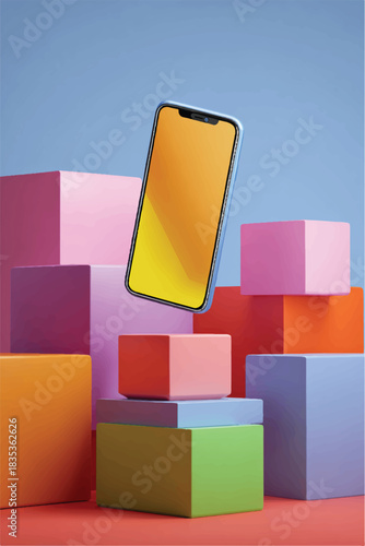 Colorful mobile phone levitating above stack of cubes