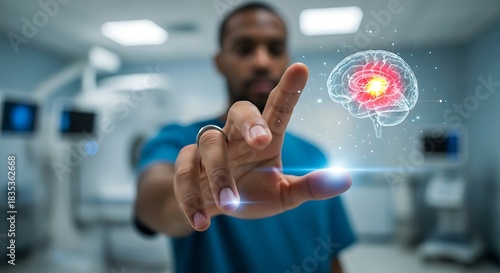 Medical professional interacts with advanced holographic brain scan showcasing neurological health and medical diagnostics technology