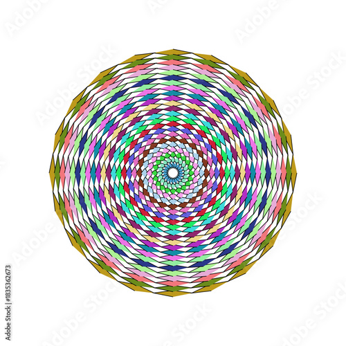 Intricate Multi-Colored Geometric Mandala Pattern with Repeating Diamond Shapes and Swirls