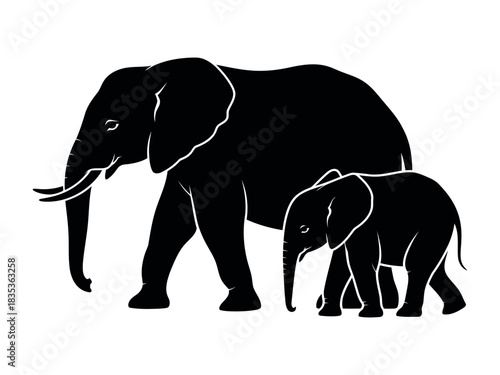 Silhouette of two elephants walking side by side isolated on transparent background, Vector