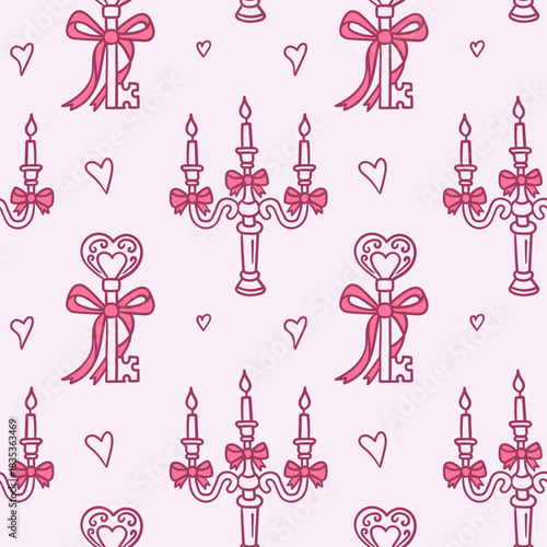 Seamless pink Valentine pattern with heart key and candelabra tied in bows, surrounded by hand-drawn hearts, ideal for romantic wrapping paper, fabric, and elegant holiday decor.