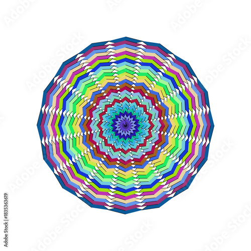 Vibrant abstract circular geometric pattern illustration with intricate radial design, showcasing a mesmerizing kaleidoscope effect and richly layered colorful composition for visual appeal