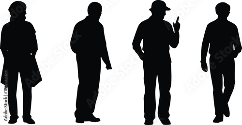 Men silhouettes set, four casual people standing, walking, man in hat, man in coat, various poses, isolated vector.