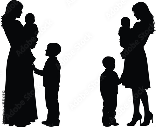 Mother with her children silhouette set, woman holding a newborn baby and standing next to a young boy, family love vector illustration, black cutout isolated on white background, parenthood bond 