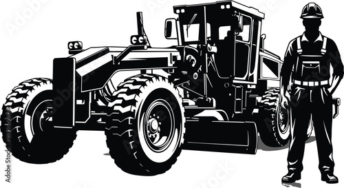 Motor grader illustration, construction worker, heavy equipment, road grading, industrial scene, black and white vector, engineering concept, silhouette art