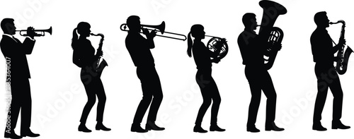 Musician silhouettes collection, people playing music, isolated vector band, trumpet, saxophone, trombone, 