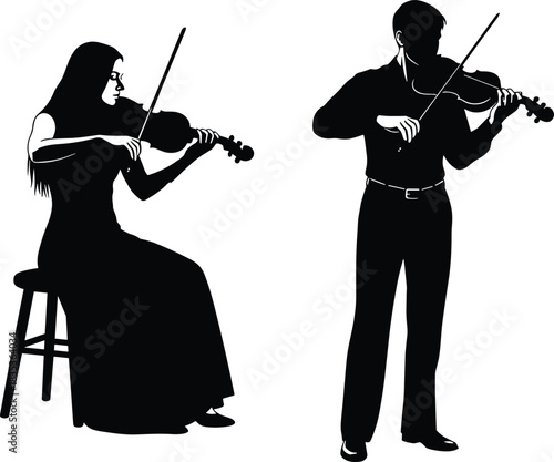 Musician silhouettes set, man standing, woman sitting, playing violin duet, classical music performers, isolated vector collection, orchestra players.