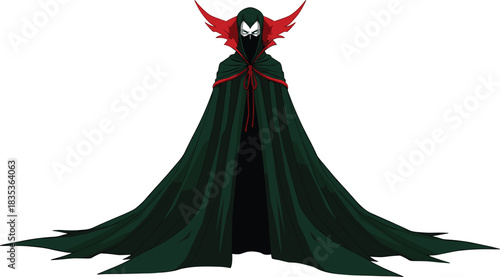 Mysterious Cloaked Figure with Mask, Long Dark Cape Spread Out, Vampire, Sorcerer, Hooded Costume, Horror, Halloween Vector Illustration.