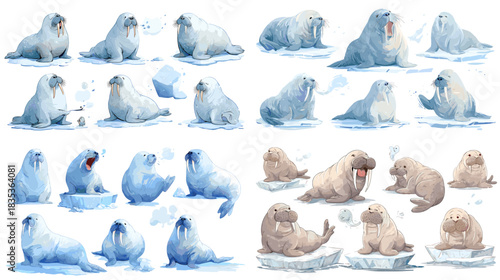A fun watercolor collection of walruses in different poses sitting on ice, yawning, playing, and interacting in cold arctic settings. Perfect for wildlife themes, children art, and winter illustration