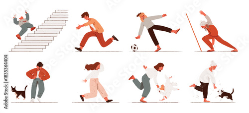 Cute flat illustrations of people and pets falling and tripping