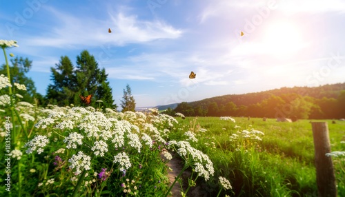 Fototapeta Naklejka Na Ścianę i Meble -  Beautiful meadow with wildflowers and butterflies in the summer sunlight