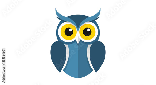A simple, flat design illustration of a blue owl with large yellow eyes and black pupils, depicted frontally on a white background.