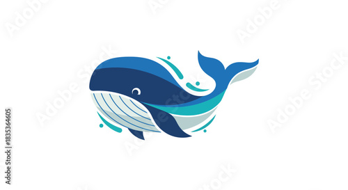 A stylized blue whale swimming with water splashes, depicted in a flat design illustration on a white background.