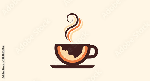 A stylized illustration of a dark brown coffee cup with light brown and orange steam rising, set against a light beige background.