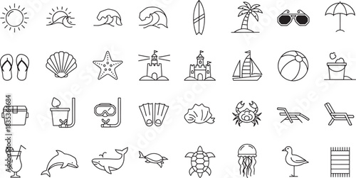 Collection of Summer Beach and Vacation Icons in Outline Style Illustration with Sun Sea and Marine Elements