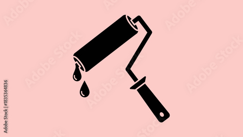 Paint Roller Icon Vector – Black Silhouette Painting Tool on Pink Background