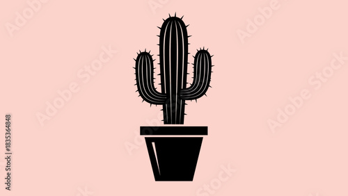 Cactus Plant in Pot Icon – Minimal Black Silhouette on Pink Background