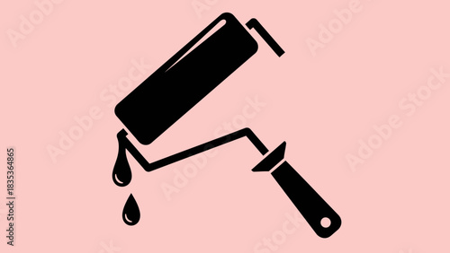 Paint Roller Icon Vector – Black Silhouette Painting Tool on Pink Background