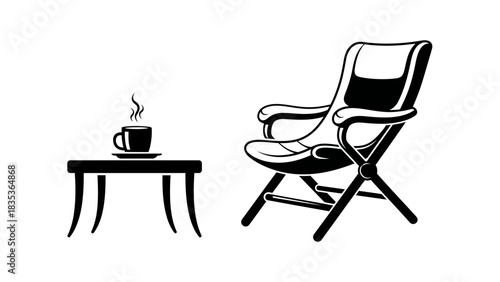 Cozy Relaxation Corner Icon – Armchair with Coffee Table and Hot Drink Vector