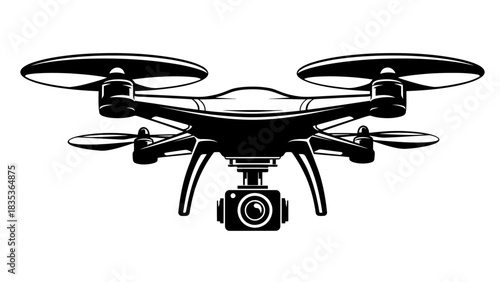Camera Drone Icon Vector – Black and White Quadcopter with Camera Silhouette Design