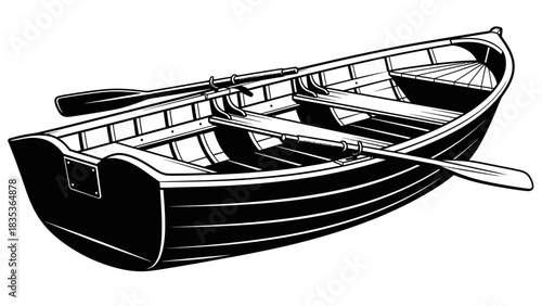 Rowboat Vector Illustration – Classic Wooden Boat with Oars Black and White Design