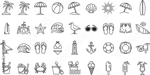 Collection of Summer Beach Vacation Icons in Outline Style depicting various beach activities and objects for a relaxing holiday