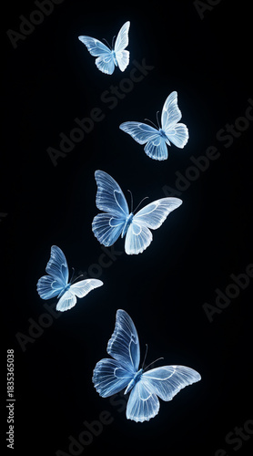 Ethereal Blue Glowing Butterflies Floating in Dark Space