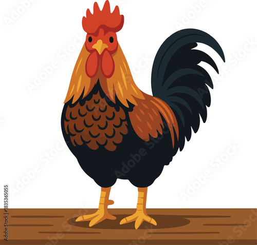 Rooster Standing on Wooden Plank on White Background