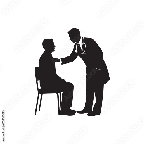 Doctor examining patient silhouette vector. Physician checking sick man with stethoscope. Medical consultation and physical examination icon isolated on white background. 