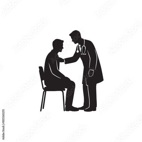 Doctor examining patient silhouette vector. Physician checking sick man with stethoscope. Medical consultation and physical examination icon isolated on white background. 