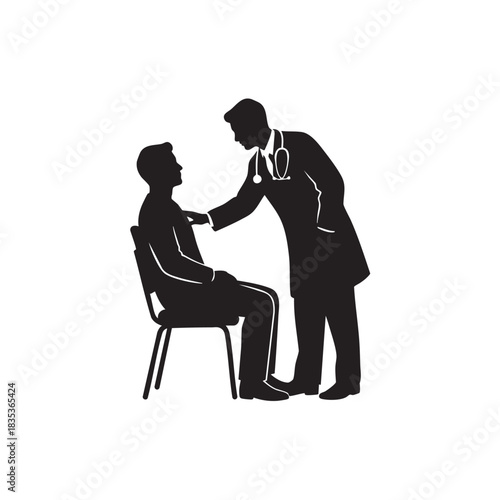 Doctor examining patient silhouette vector. Physician checking sick man with stethoscope. Medical consultation and physical examination icon isolated on white background. 