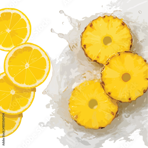 Sliced Lemons and Pineapple Rings in Liquid Splash