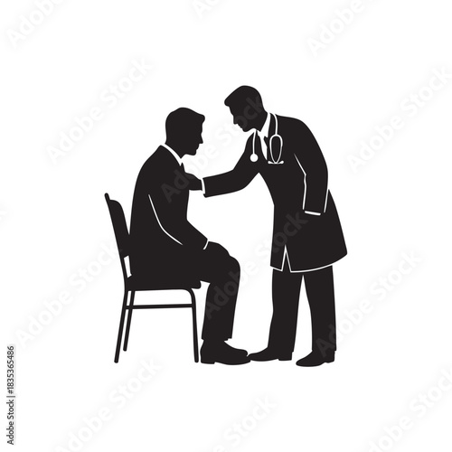 Doctor examining patient silhouette vector. Physician checking sick man with stethoscope. Medical consultation and physical examination icon isolated on white background. 