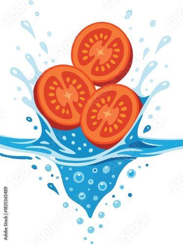 Sliced tomatoes splashing in blue water on white background