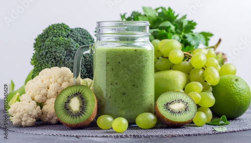Delicious green smoothie with fresh fruits and vegetables for healthy diet