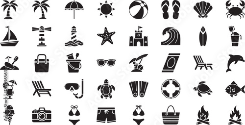 Summer Beach Vacation Icons Seamless Pattern Vector Background Featuring Diverse Holiday Elements for Travel and Relaxation