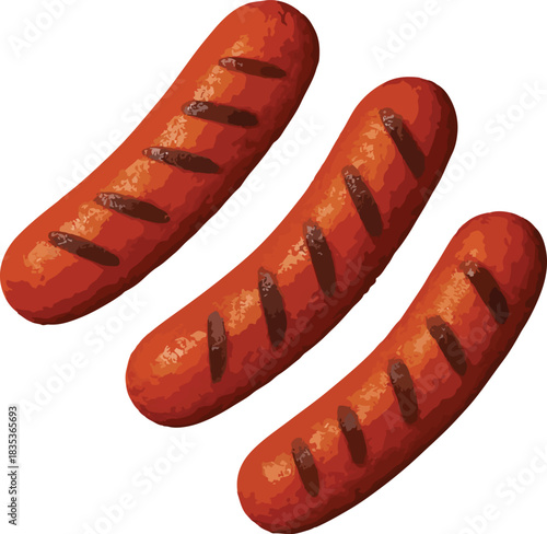 Three Grilled Sausages With Grill Marks Keywords: sausages, grilled, barbecue, grill marks, food