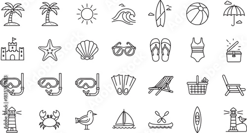 Summer Holiday Beach Icon Set Collection Outline Vector Illustration Depicting Vacation Travel Leisure and Recreation