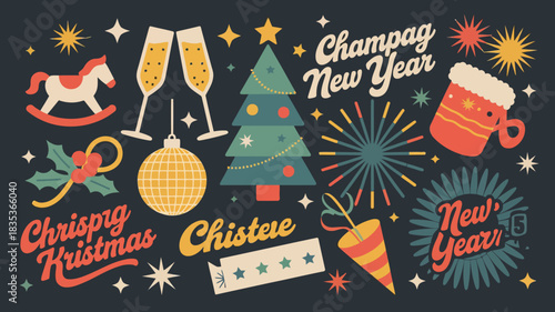 Festive collection of christmas and new year holiday icons and lettering including champagne glasses christmas tree stocking rocking horse ornaments and fireworks on a dark background