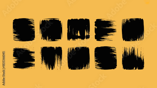 A collection of ten diverse black abstract brush stroke textures and paint splatters arranged in two rows against a warm ochre yellow background perfect for graphic design elements