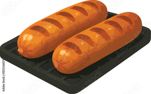 Two Grilled Sausages on a Grill Grate Keywords: sausages, grilled, cooking, food, meat, barbecue