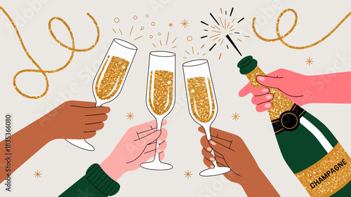 Diverse hands clinking champagne flutes and holding a champagne bottle with a sparkler celebrating a special occasion with festive streamers and confetti