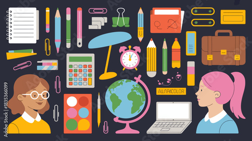 A vibrant collection of school supplies and educational elements including a globe calculator laptop alarm clock pencils crayons and diverse student illustrations against a dark background