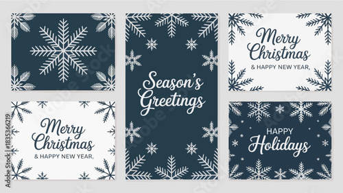 Collection of five festive christmas and holiday greeting card designs featuring snowflakes pine branches and seasonal messages in elegant white script on dark blue backgrounds