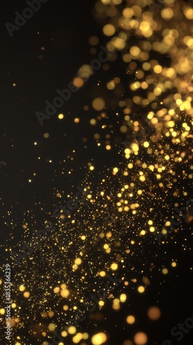 Golden glitter particles falling on black background, luxury celebration and festive glamour texture, vertical 9:16 mobile wallpaper background