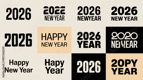 Collection of new year 2026 greetings and typography designs featuring the year 2026 and happy new year text in various styles and backgrounds for festive celebrations